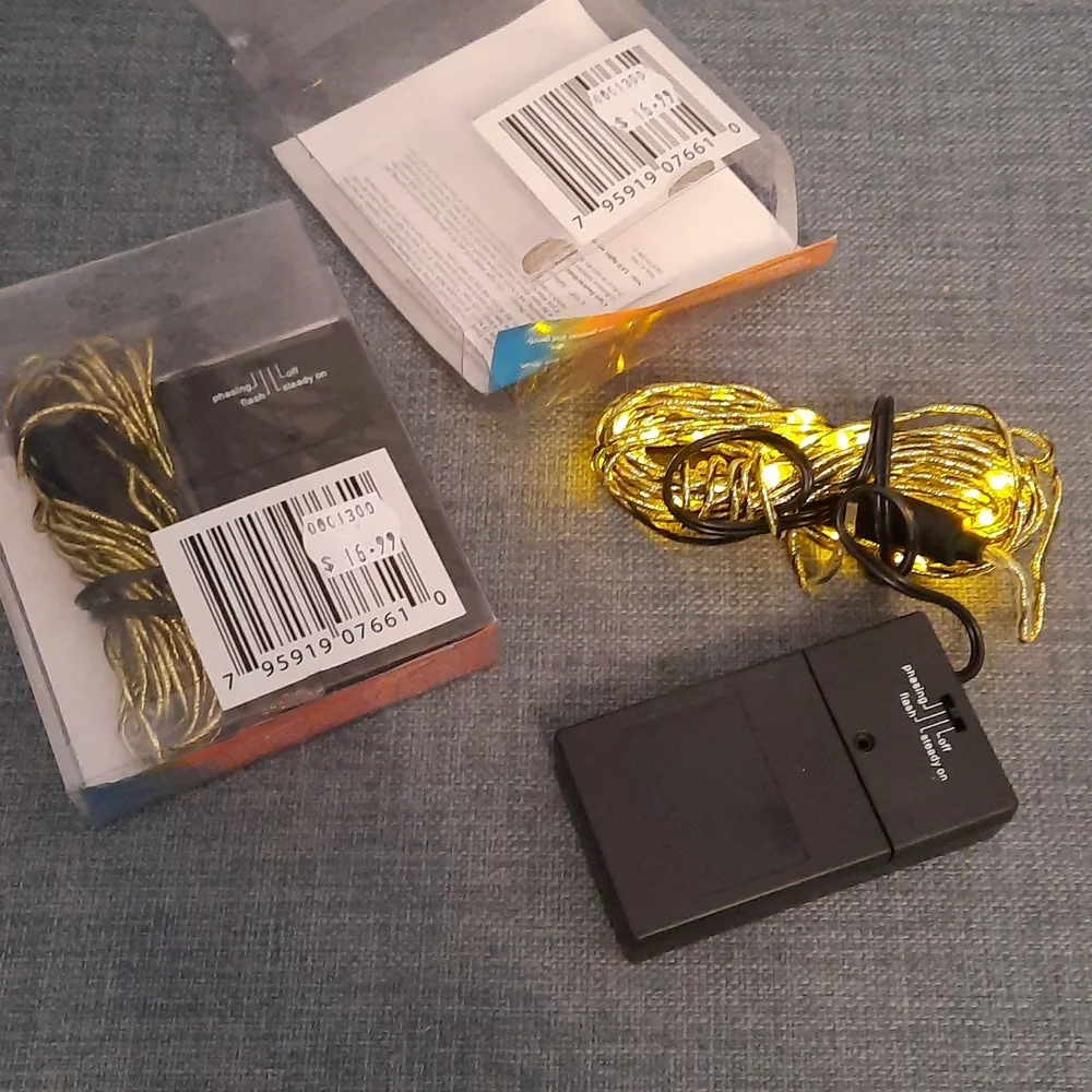 Gold Cord Yellow Lights LED Strand Battery Operated AA Automatic Timer Flex Wire